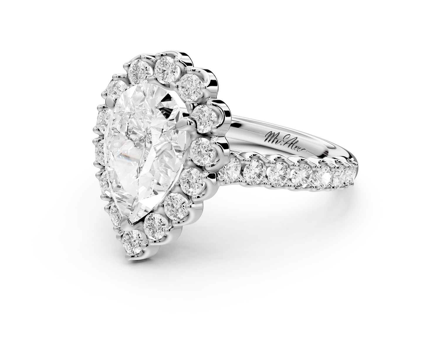 Anastasia - 2ct 14k white gold pear Diamond with Floral Halo and Pavé engagement Ring