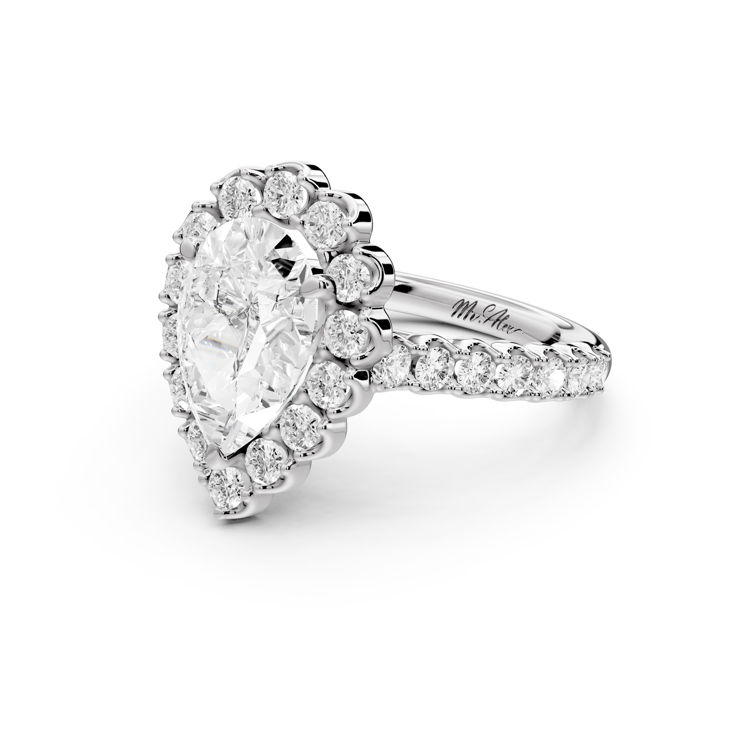 Anastasia - 2ct 14k white gold pear Diamond with Floral Halo and Pavé engagement Ring