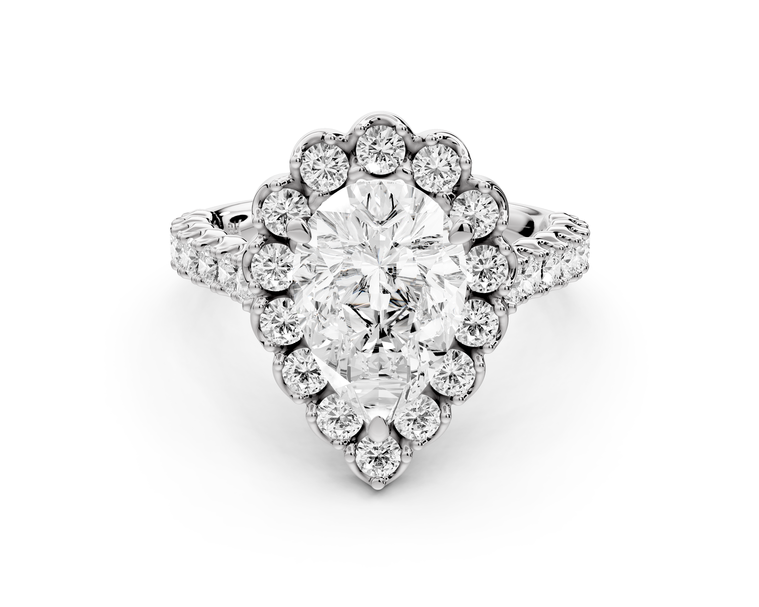Anastasia - 2ct 14k white gold pear Diamond with Floral Halo and Pavé engagement Ring