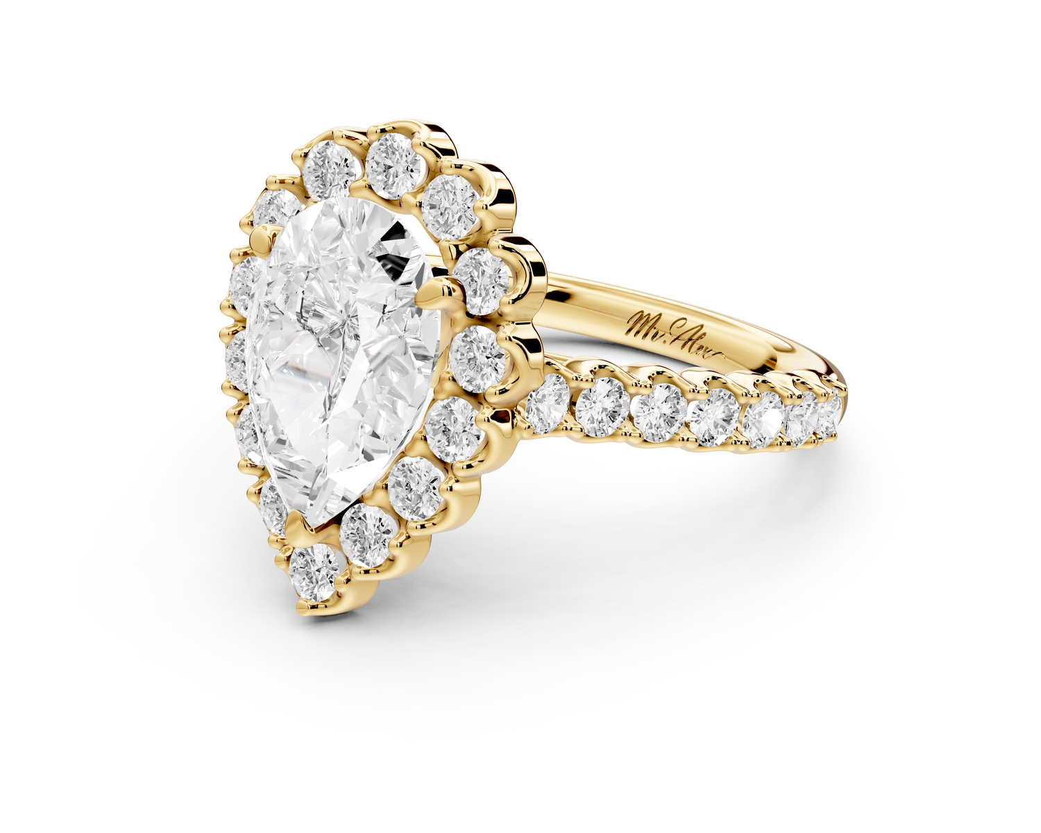 Anastasia - 2ct 14k yellow gold pear Diamond with Floral Halo and Pavé engagement Ring