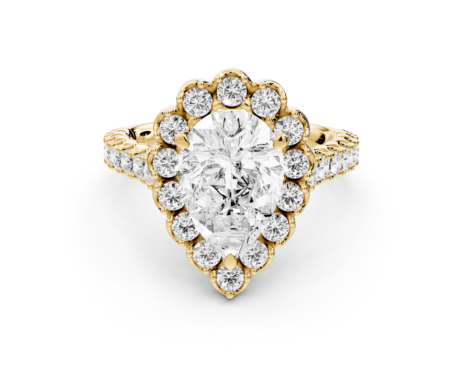 Anastasia - 2ct 14k yellow gold pear Diamond with Floral Halo and Pavé engagement Ring