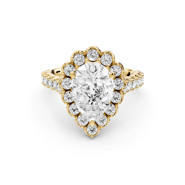 Anastasia - 2ct 14k yellow gold pear Diamond with Floral Halo and Pavé engagement Ring