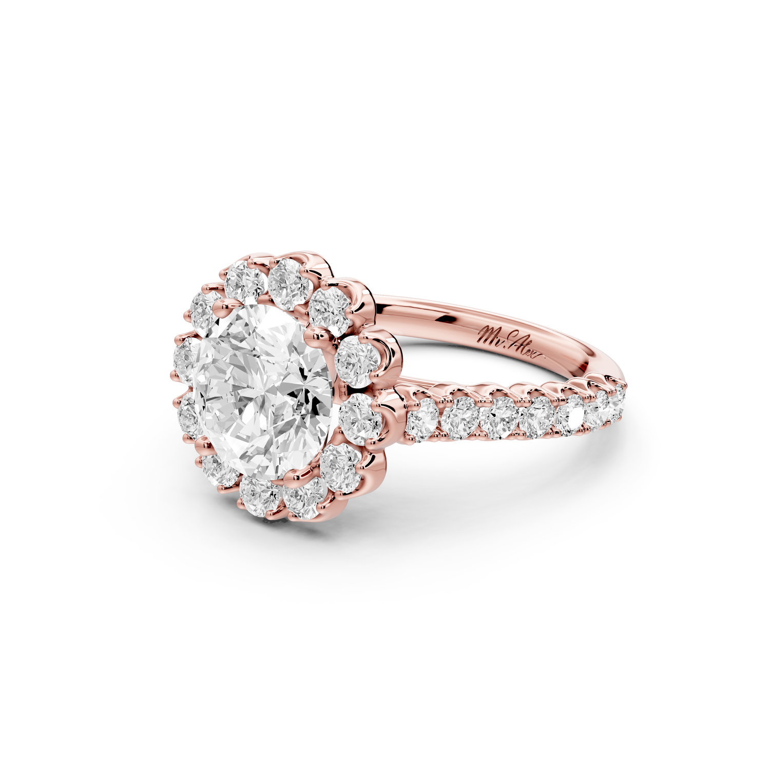 Anastasia - 2ct 14k rose gold round Diamond with Floral Halo and Pavé engagement Ring