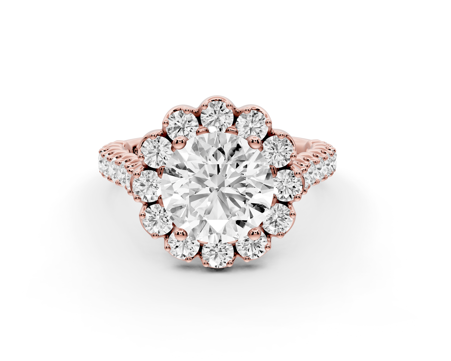 Anastasia - 2ct 14k rose gold round Diamond with Floral Halo and Pavé engagement Ring