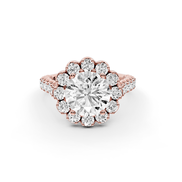 Anastasia - 2ct 14k rose gold round Diamond with Floral Halo and Pavé engagement Ring