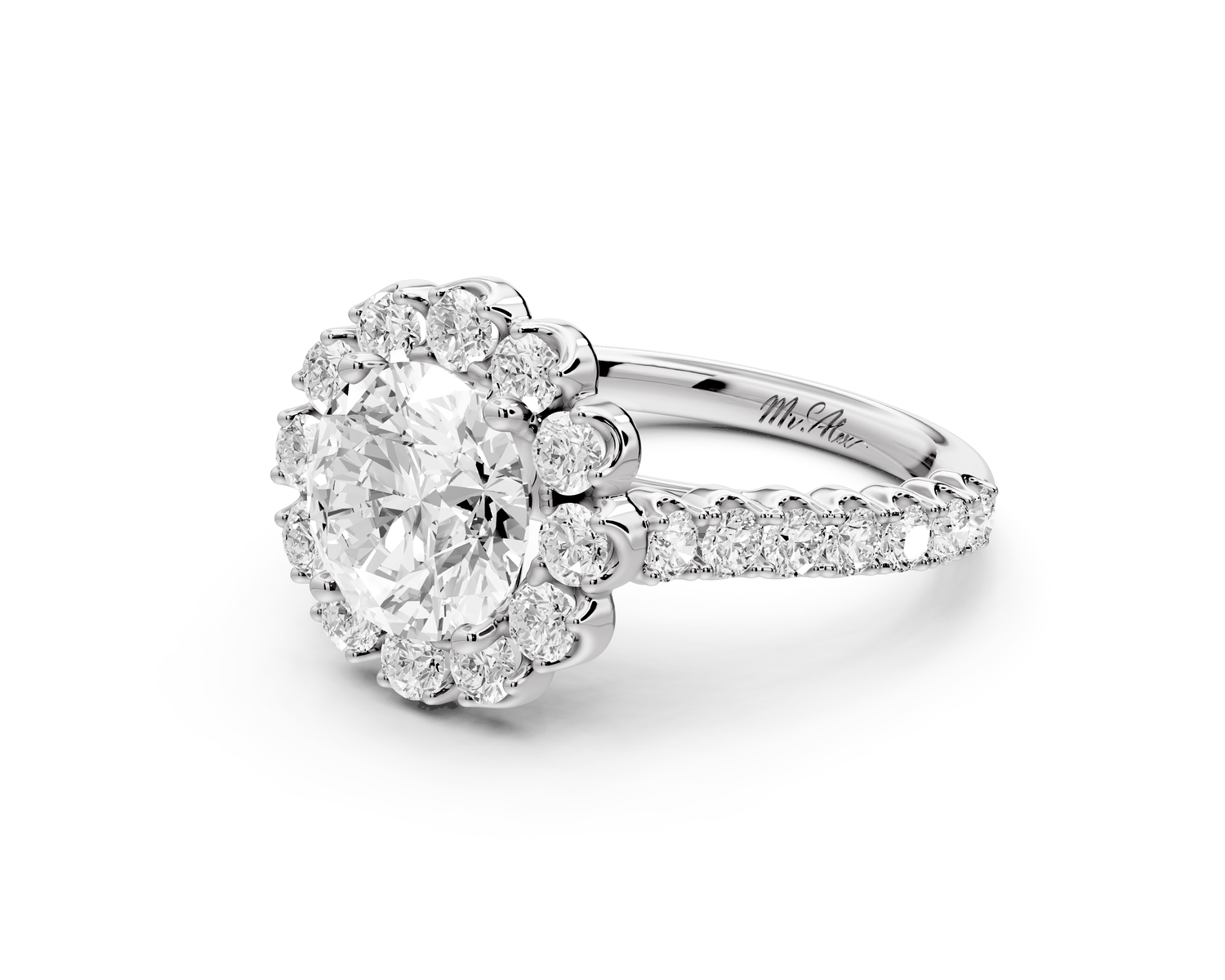 Anastasia - 2ct 14k white gold round Diamond with Floral Halo and Pavé engagement Ring