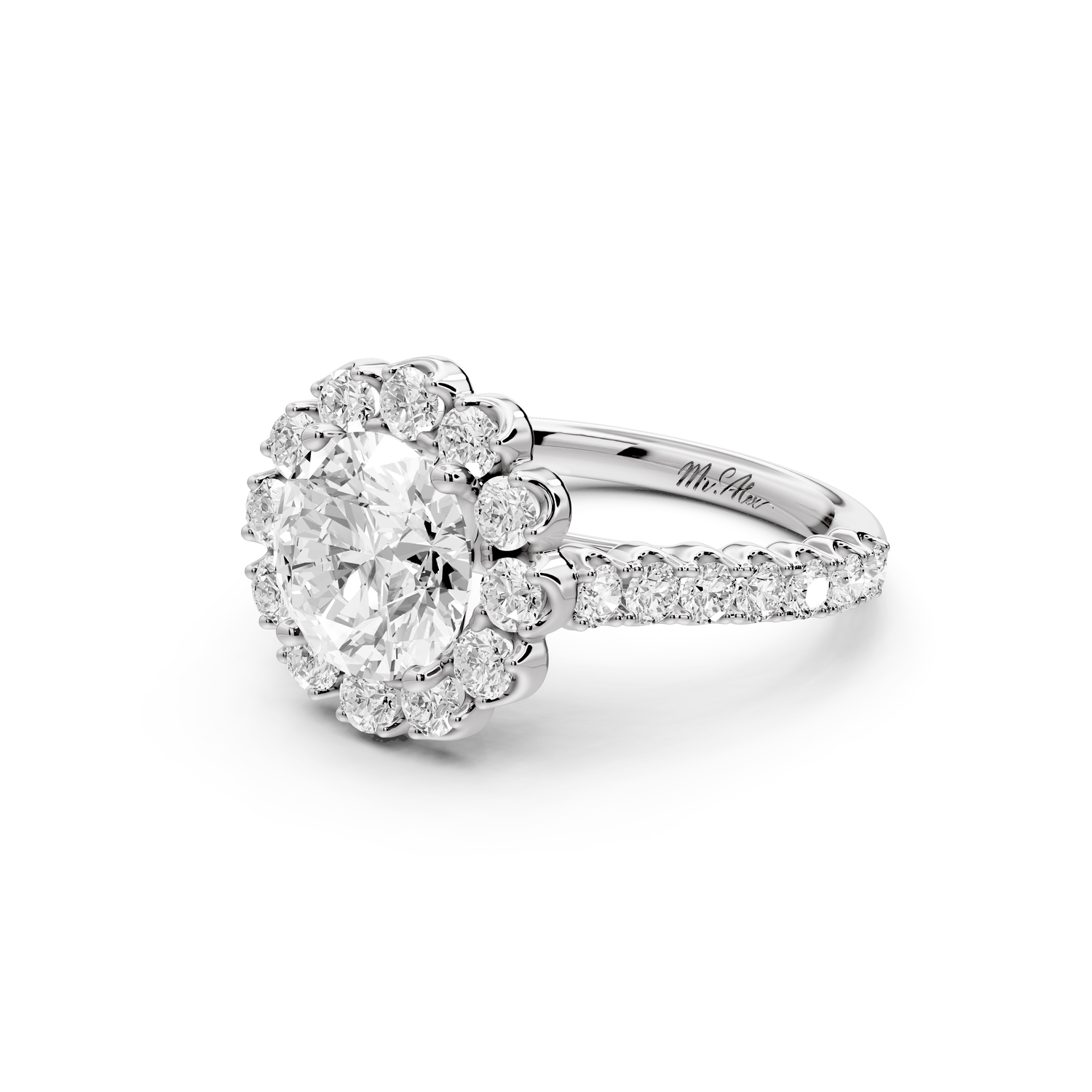 Anastasia - 2ct 14k white gold round Diamond with Floral Halo and Pavé engagement Ring