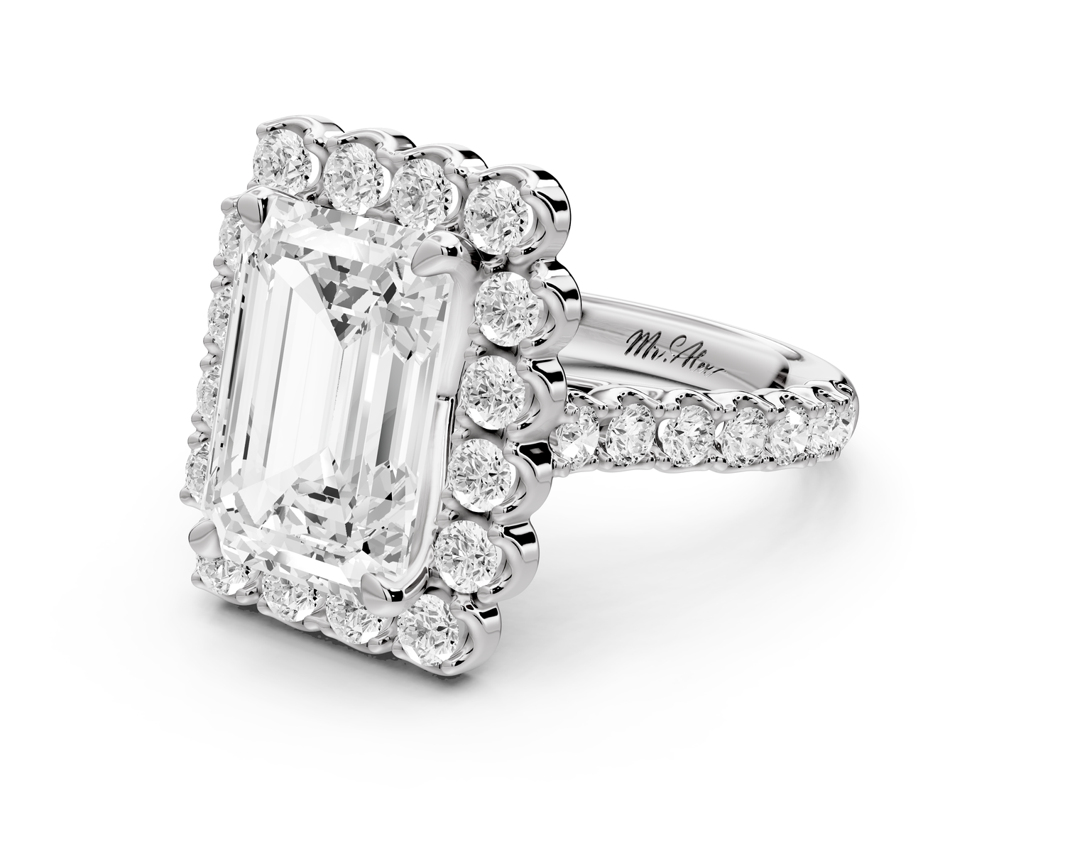 Anastasia - 3ct 14k white gold emerald Diamond with Floral Halo and Pavé engagement Ring