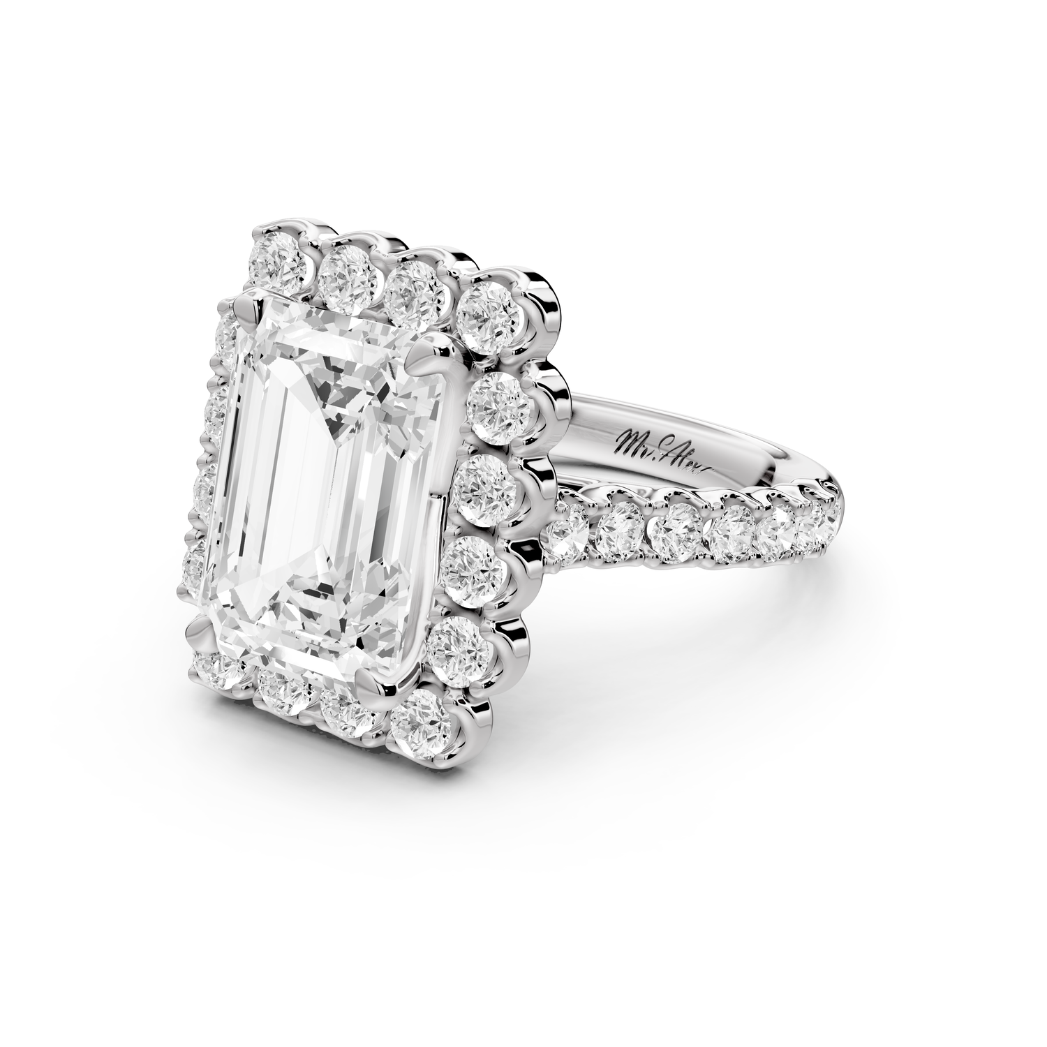 Anastasia - 3ct 14k white gold emerald Diamond with Floral Halo and Pavé engagement Ring