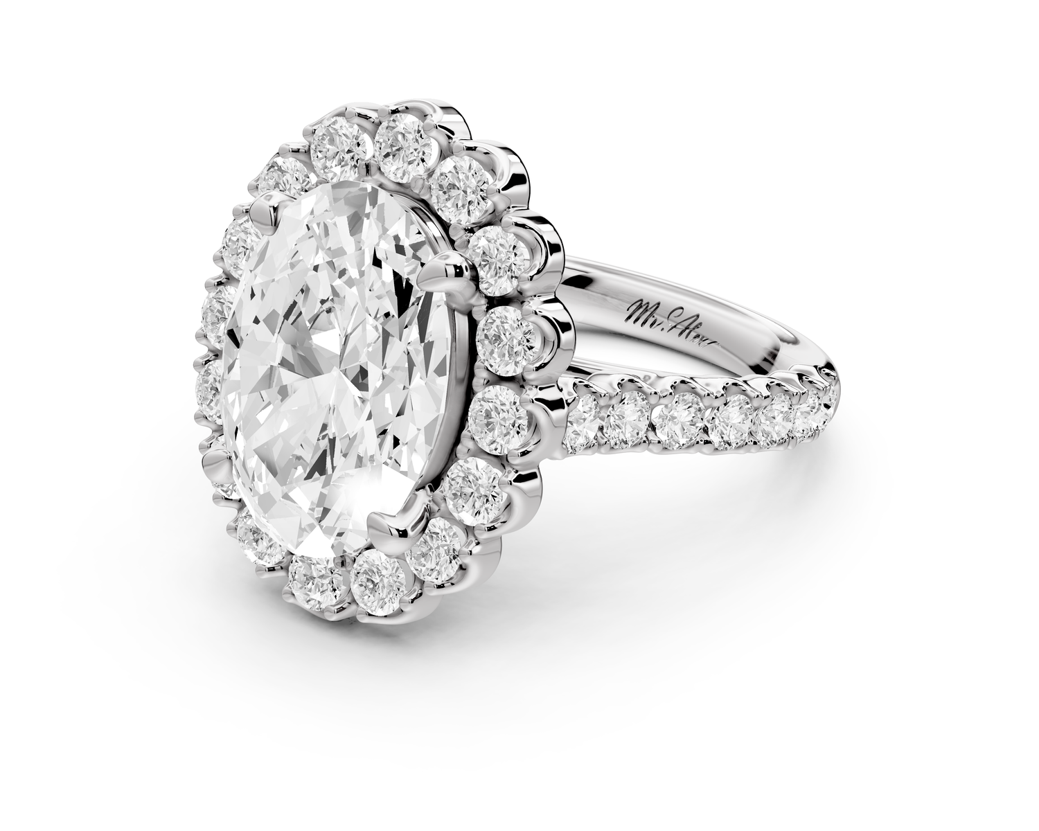 Anastasia - 3ct 14k white gold oval Diamond with Floral Halo and Pavé engagement Ring