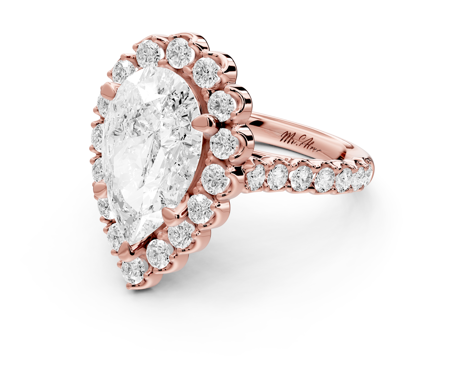 Anastasia - 3ct 14k rose gold pear Diamond with Floral Halo and Pavé engagement Ring