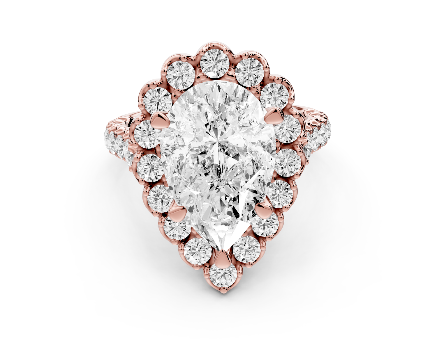 Anastasia - 3ct 14k rose gold pear Diamond with Floral Halo and Pavé engagement Ring
