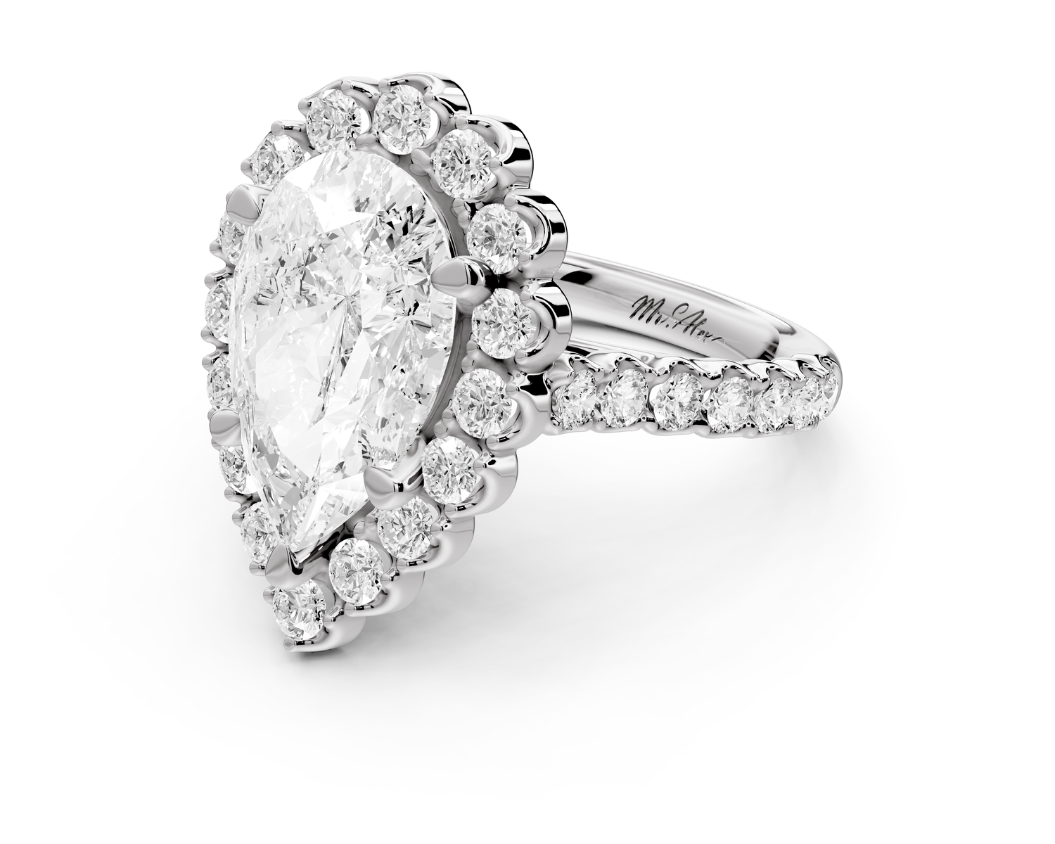 Anastasia - 3ct 14k white gold pear Diamond with Floral Halo and Pavé engagement Ring