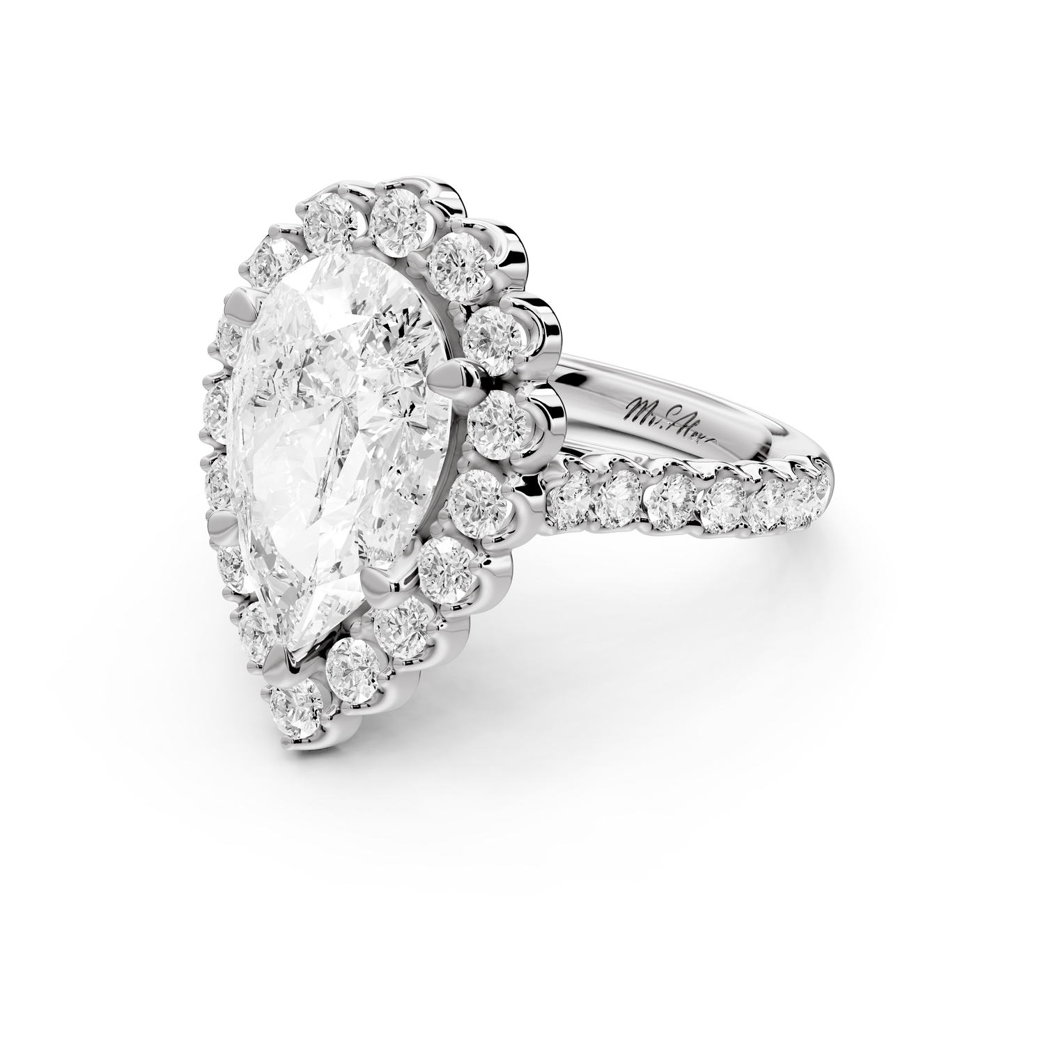Anastasia - 4ct 14k white gold pear Diamond with Floral Halo and Pavé engagement Ring