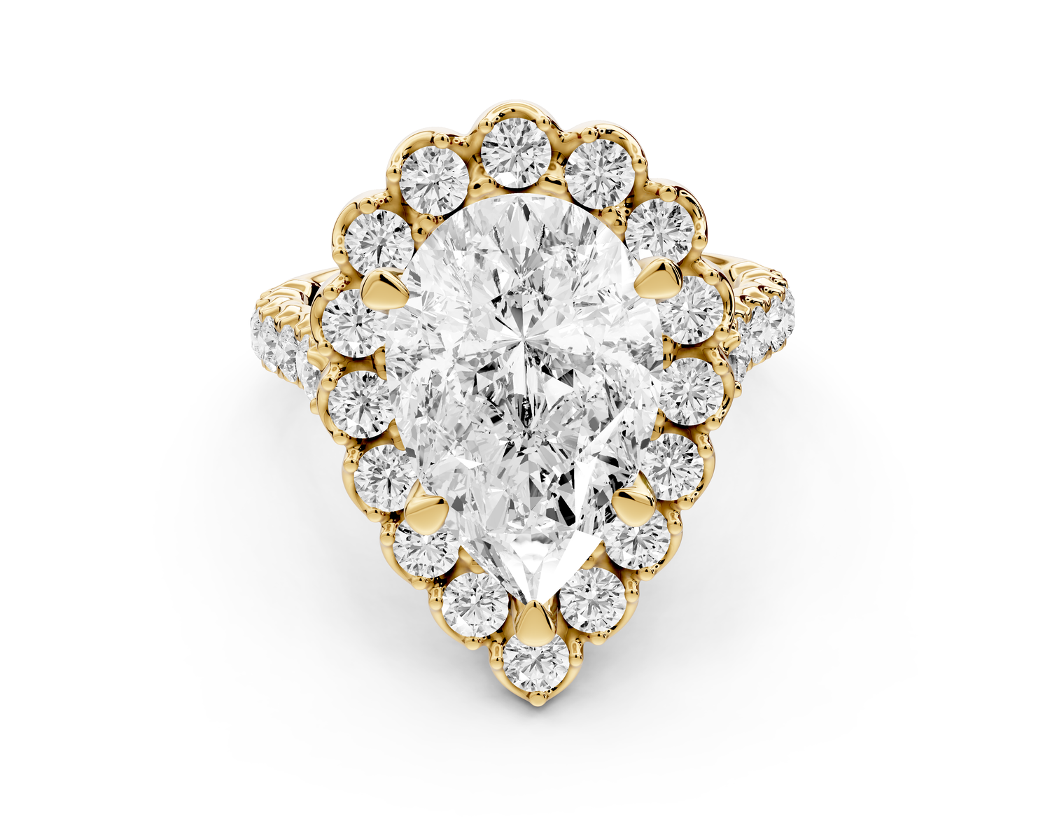 Anastasia - 4ct 14k yellow gold pear Diamond with Floral Halo and Pavé engagement Ring