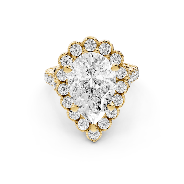 Anastasia - 4ct 14k yellow gold pear Diamond with Floral Halo and Pavé engagement Ring