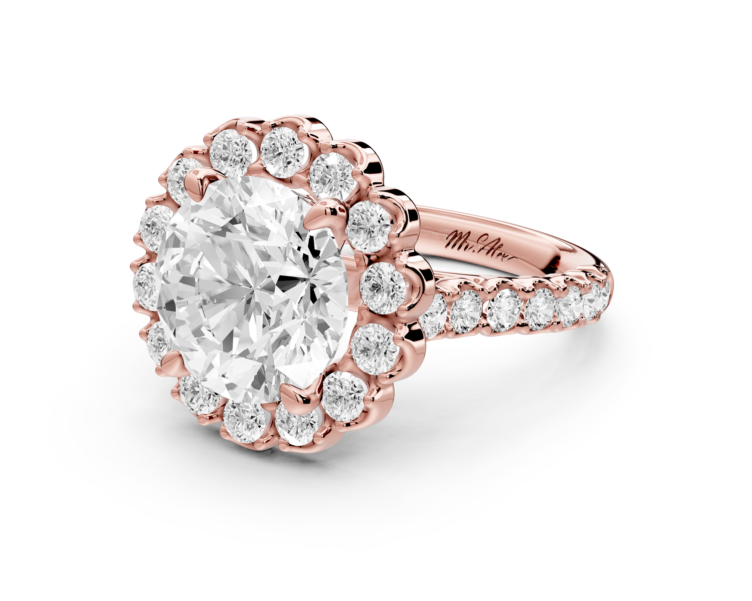 Anastasia - 4ct 14k rose gold round Diamond with Floral Halo and Pavé engagement Ring