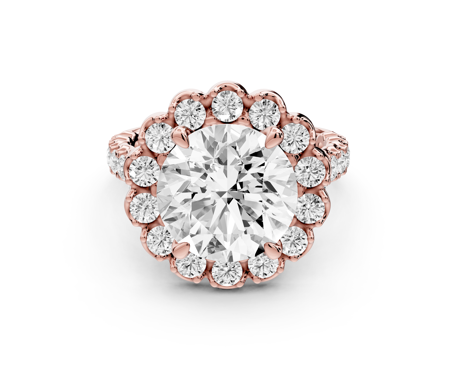Anastasia - 4ct 14k rose gold round Diamond with Floral Halo and Pavé engagement Ring