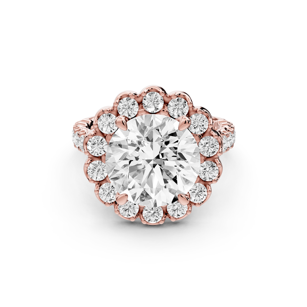 Anastasia - 4ct 14k rose gold round Diamond with Floral Halo and Pavé engagement Ring