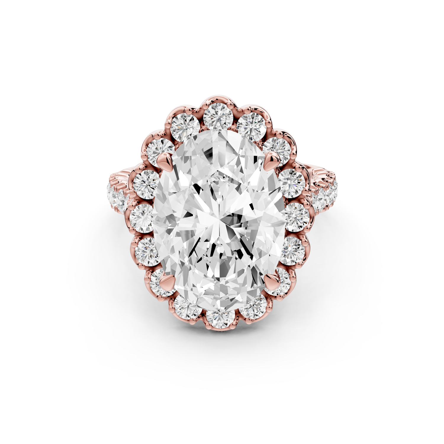Anastasia - 5ct 14k rose gold oval Diamond with Floral Halo and Pavé engagement Ring