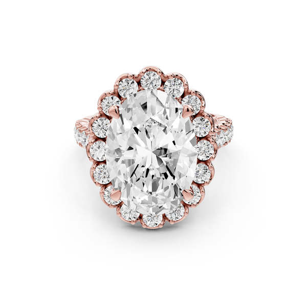 Anastasia - 5ct 14k rose gold oval Diamond with Floral Halo and Pavé engagement Ring