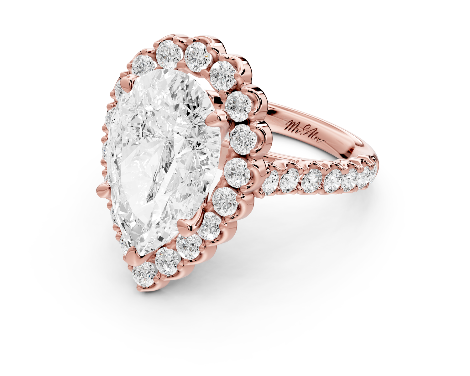 Anastasia - 5ct 14k rose gold pear Diamond with Floral Halo and Pavé engagement Ring