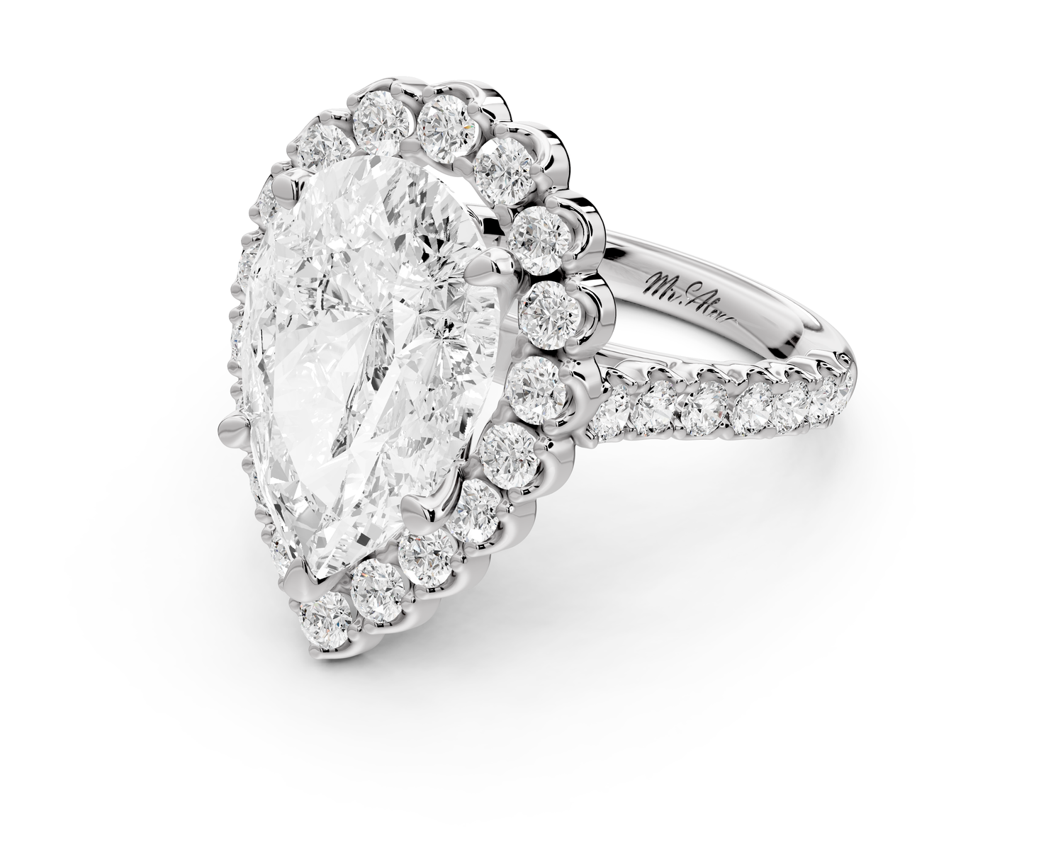 Anastasia - 5ct 14k white gold pear Diamond with Floral Halo and Pavé engagement Ring