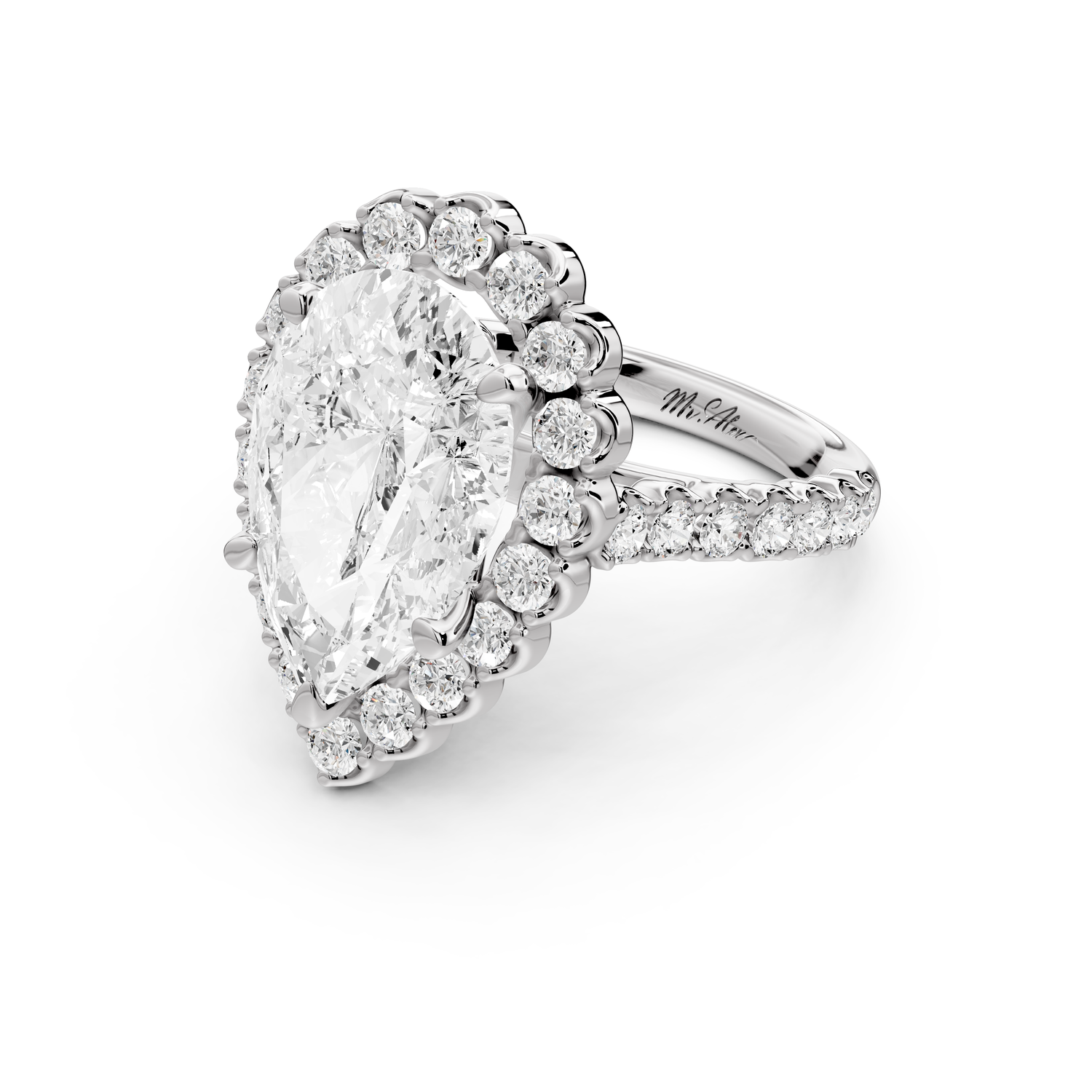 Anastasia - 5ct 14k white gold pear Diamond with Floral Halo and Pavé engagement Ring