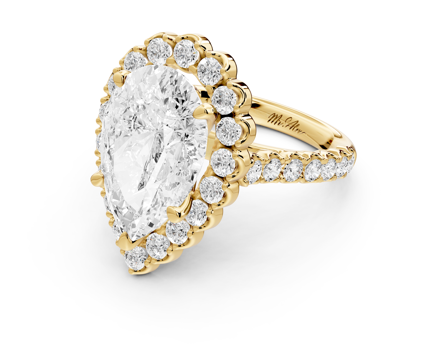 Anastasia - 5ct 14k yellow gold pear Diamond with Floral Halo and Pavé engagement Ring