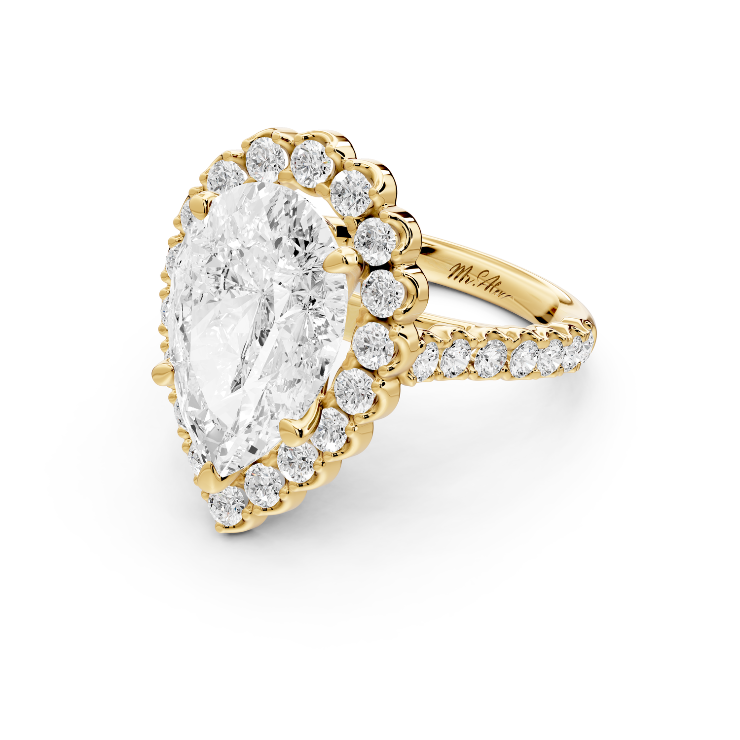 Anastasia - 5ct 14k yellow gold pear Diamond with Floral Halo and Pavé engagement Ring