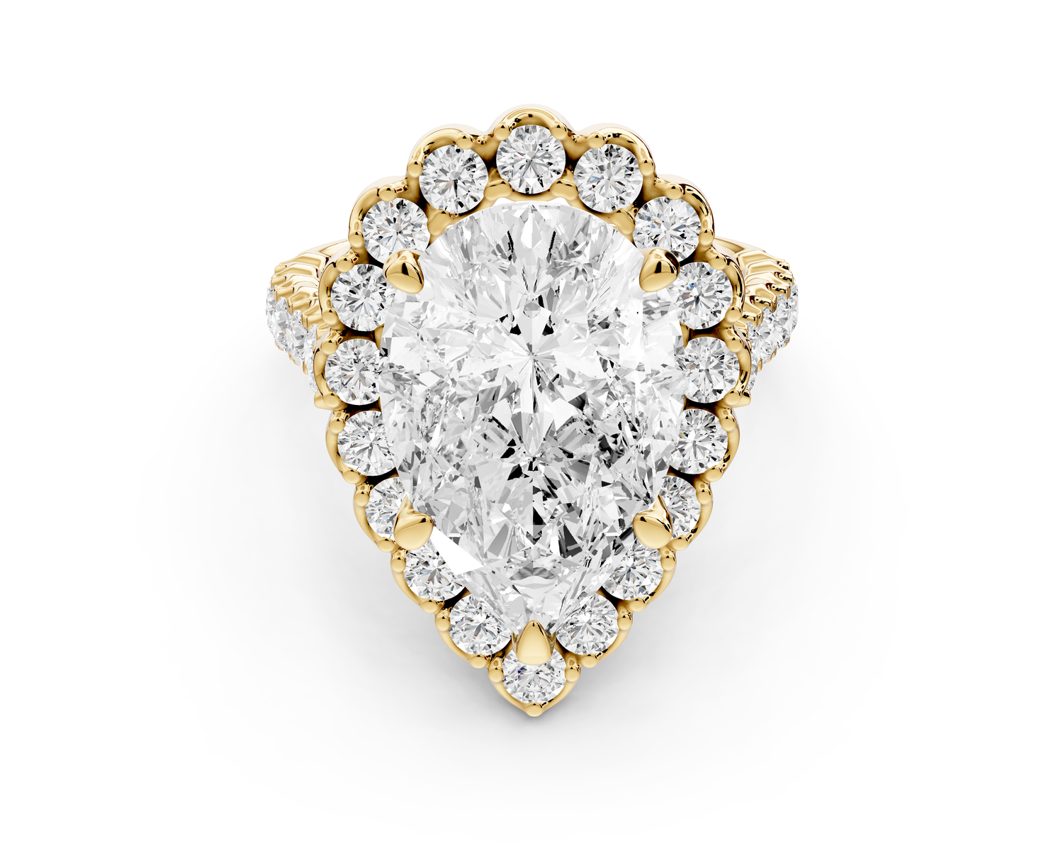 Anastasia - 5ct 14k yellow gold pear Diamond with Floral Halo and Pavé engagement Ring
