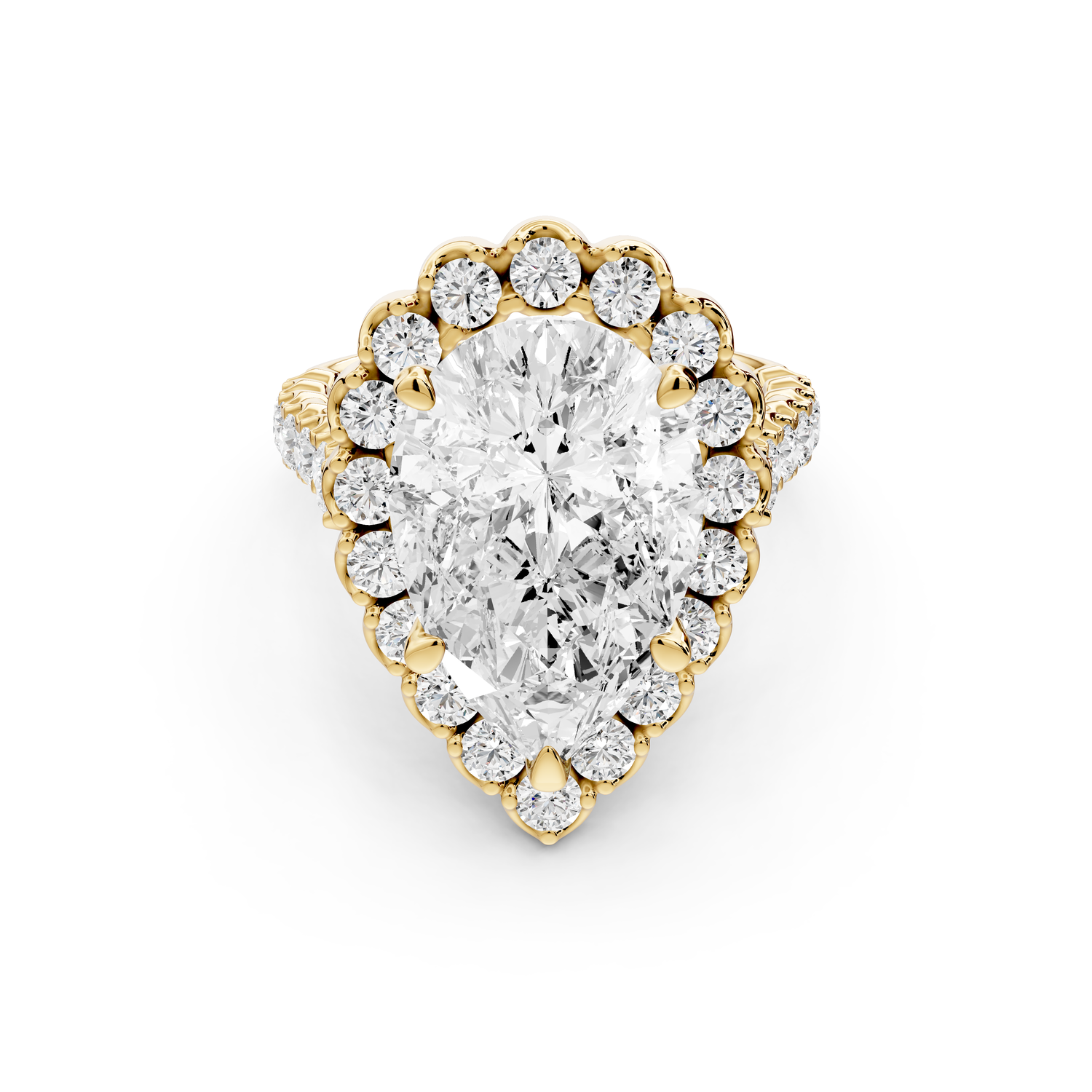 Anastasia - 5ct 14k yellow gold pear Diamond with Floral Halo and Pavé engagement Ring