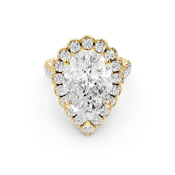 Anastasia - 5ct 14k yellow gold pear Diamond with Floral Halo and Pavé engagement Ring