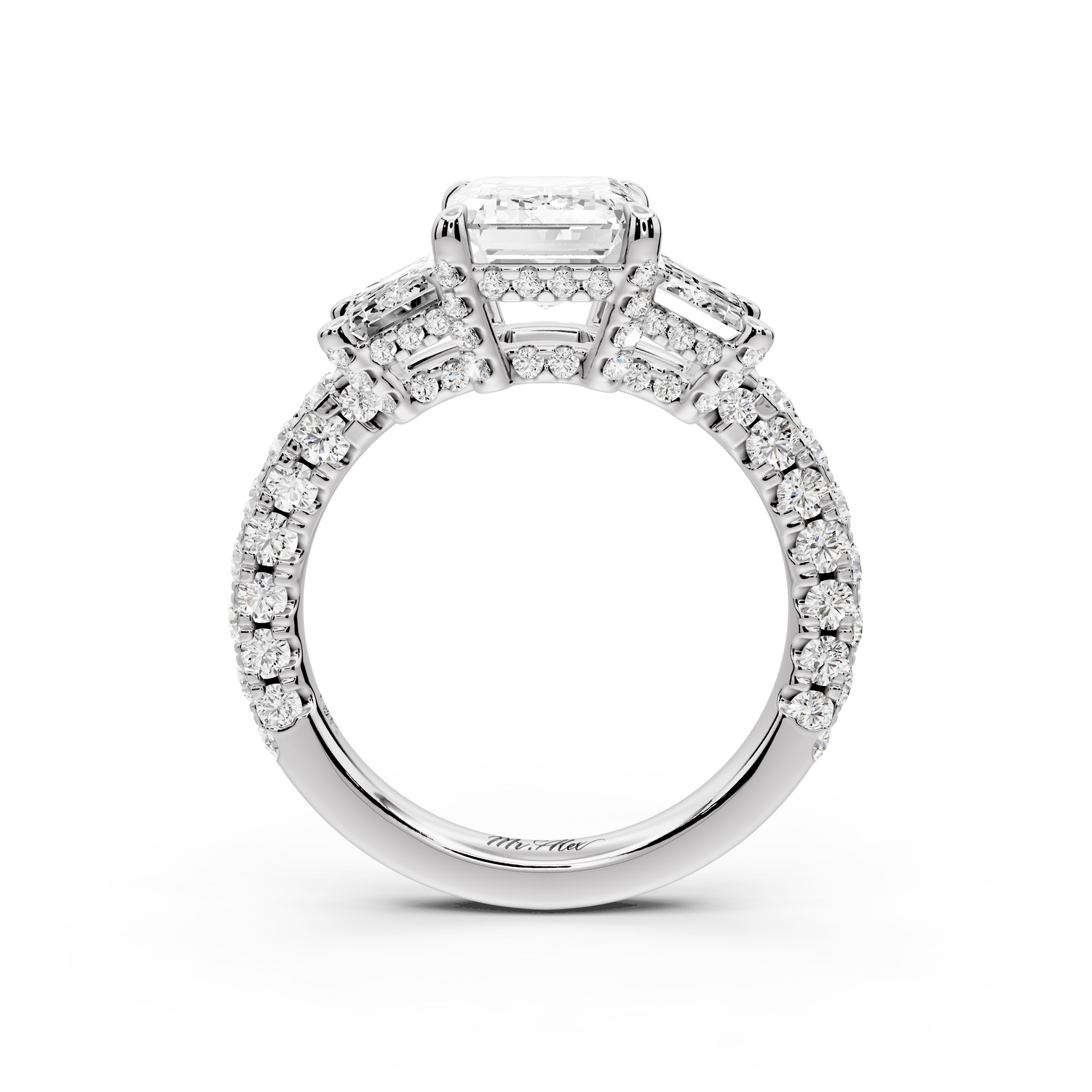 Neta - 2ct platinum Emerald Hidden Halo Three-Stone Engagement Ring with Pavé Band