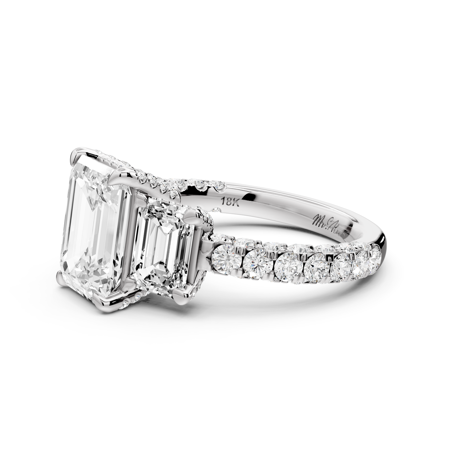 Neta - 2ct platinum Emerald Hidden Halo Three-Stone Engagement Ring with Pavé Band