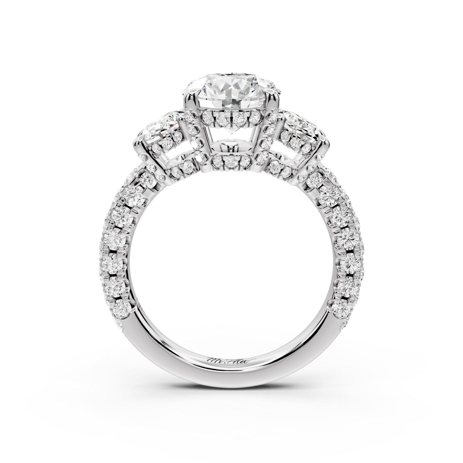 Neta - 2ct platinum Oval Hidden Halo Three-Stone Engagement Ring with Pavé Band