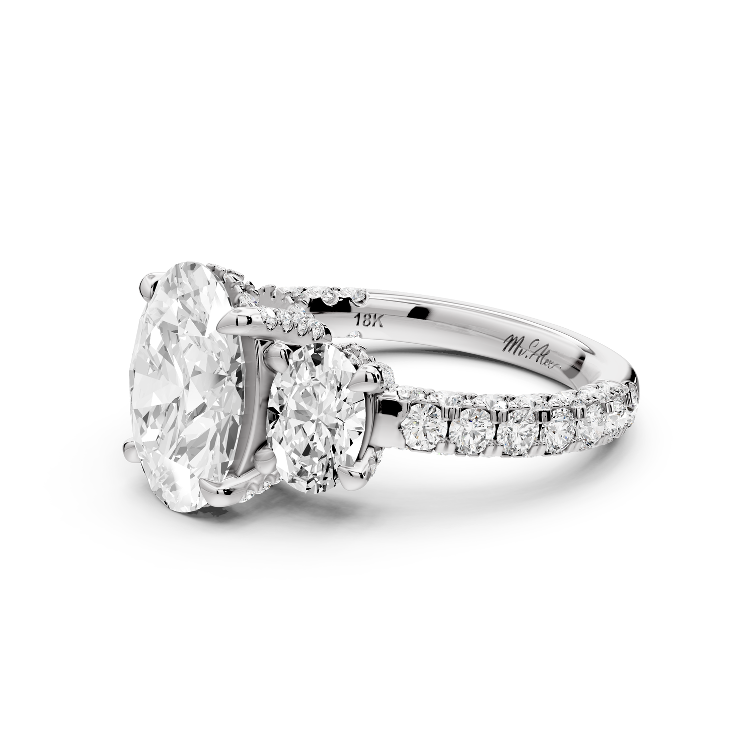 Neta - 2ct platinum Oval Hidden Halo Three-Stone Engagement Ring with Pavé Band