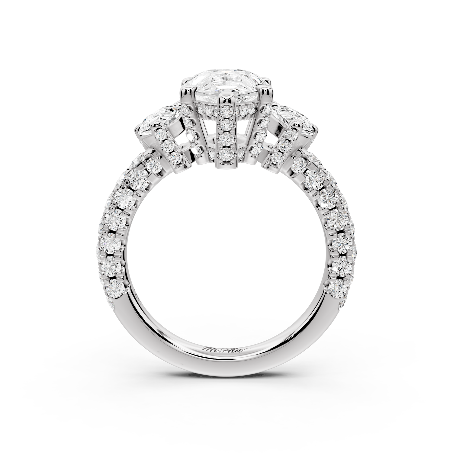 Neta - 2ct platinum Pear Hidden Halo Three-Stone Engagement Ring with Pavé Band
