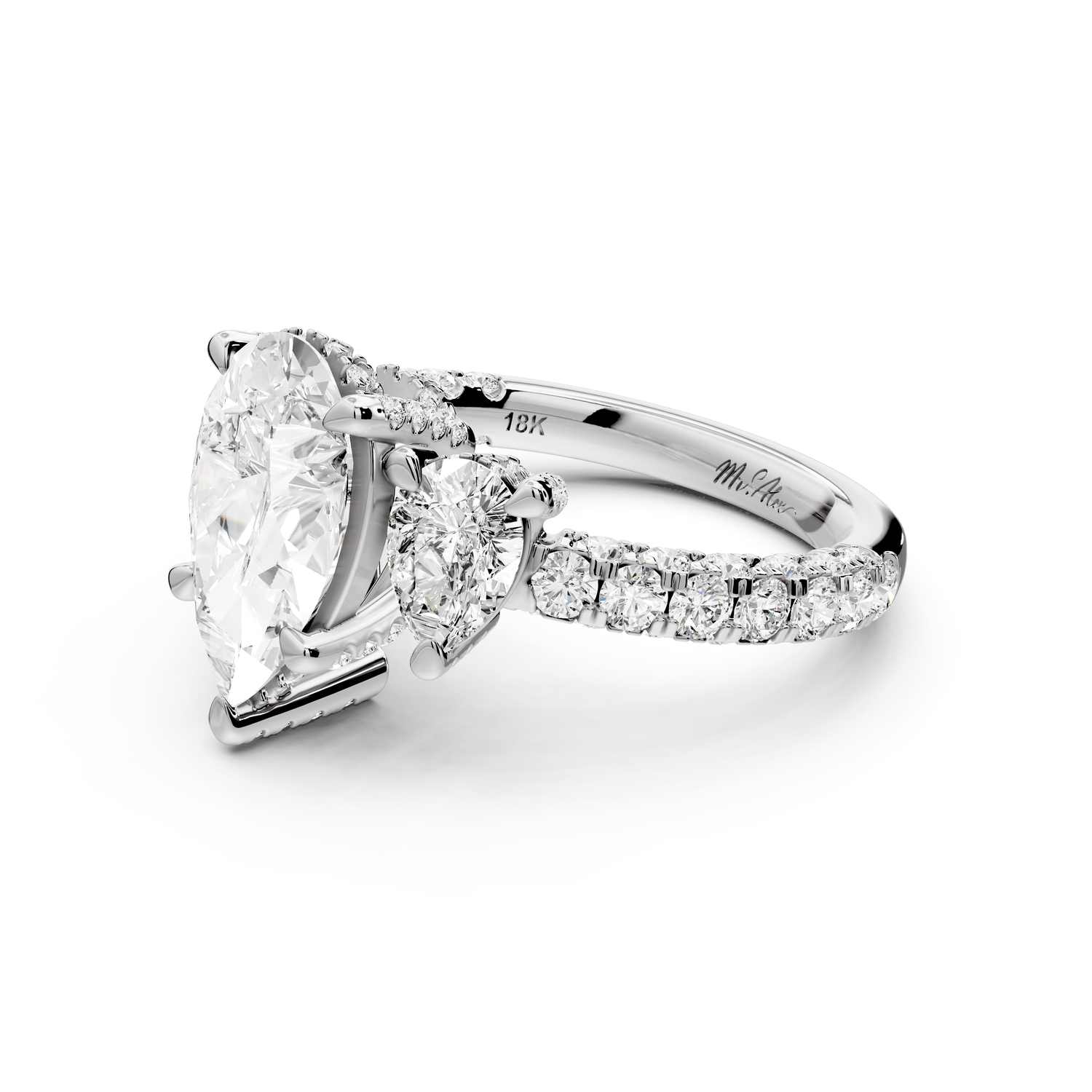 Neta - 2ct platinum Pear Hidden Halo Three-Stone Engagement Ring with Pavé Band