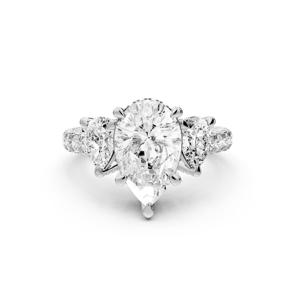 Neta - 2ct platinum Pear Hidden Halo Three-Stone Engagement Ring with Pavé Band