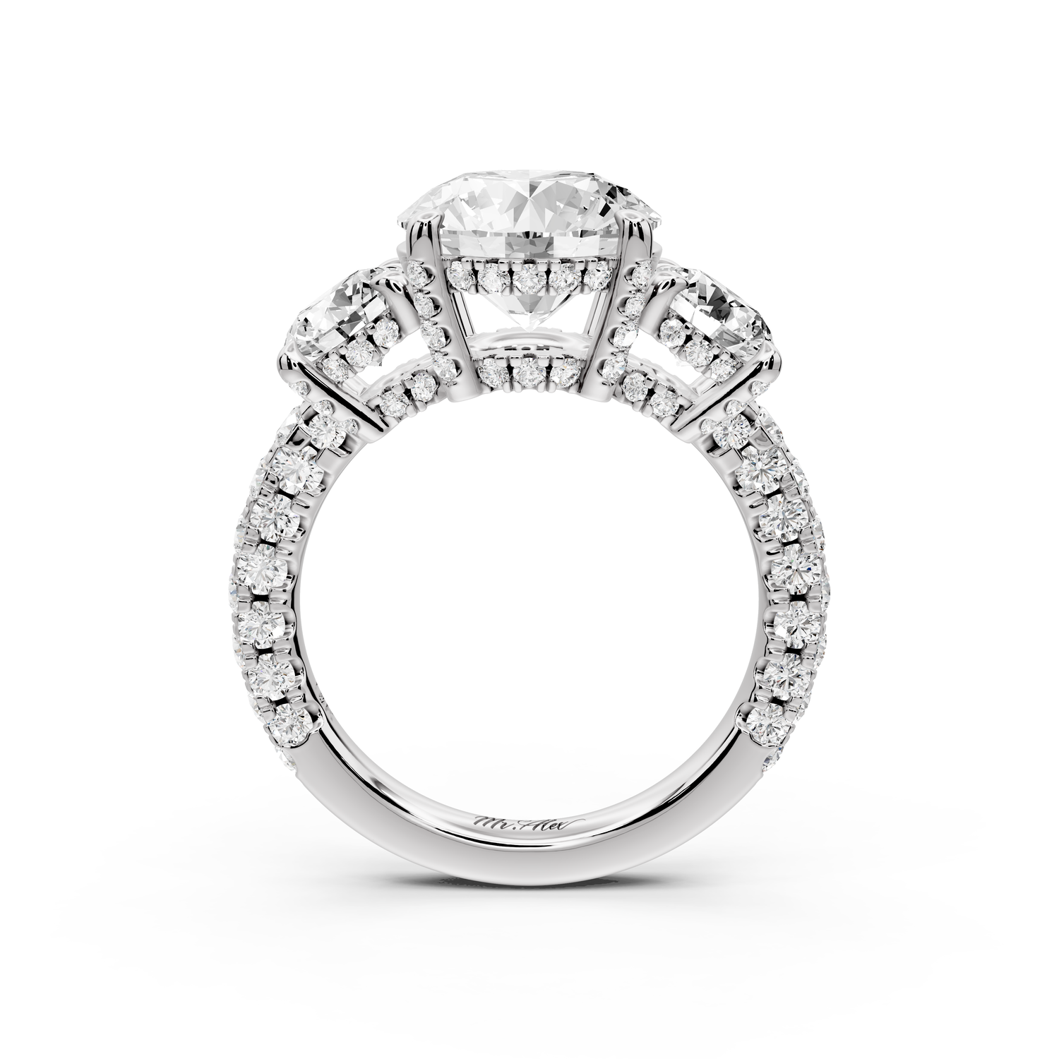Neta - 2ct platinum Round Hidden Halo Three-Stone Engagement Ring with Pavé Band
