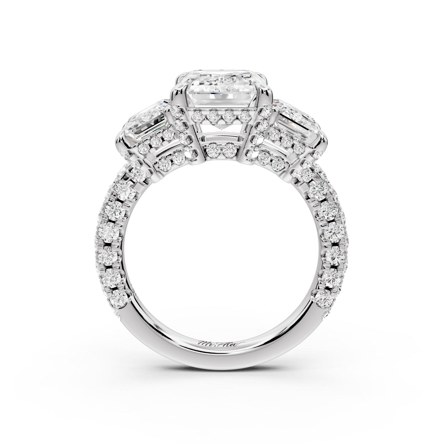 Neta - 3ct platinum Emerald Hidden Halo Three-Stone Engagement Ring with Pavé Band