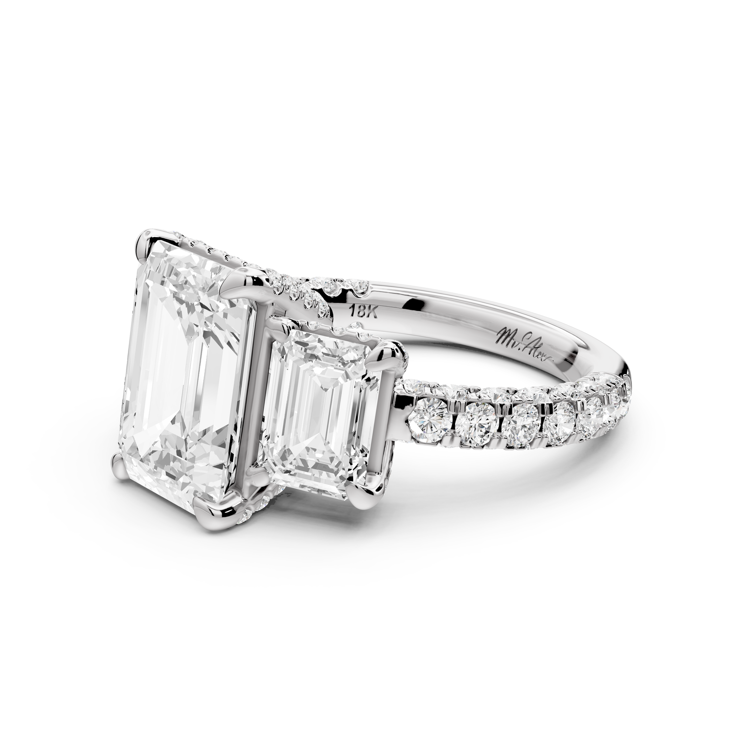 Neta - 3ct platinum Emerald Hidden Halo Three-Stone Engagement Ring with Pavé Band