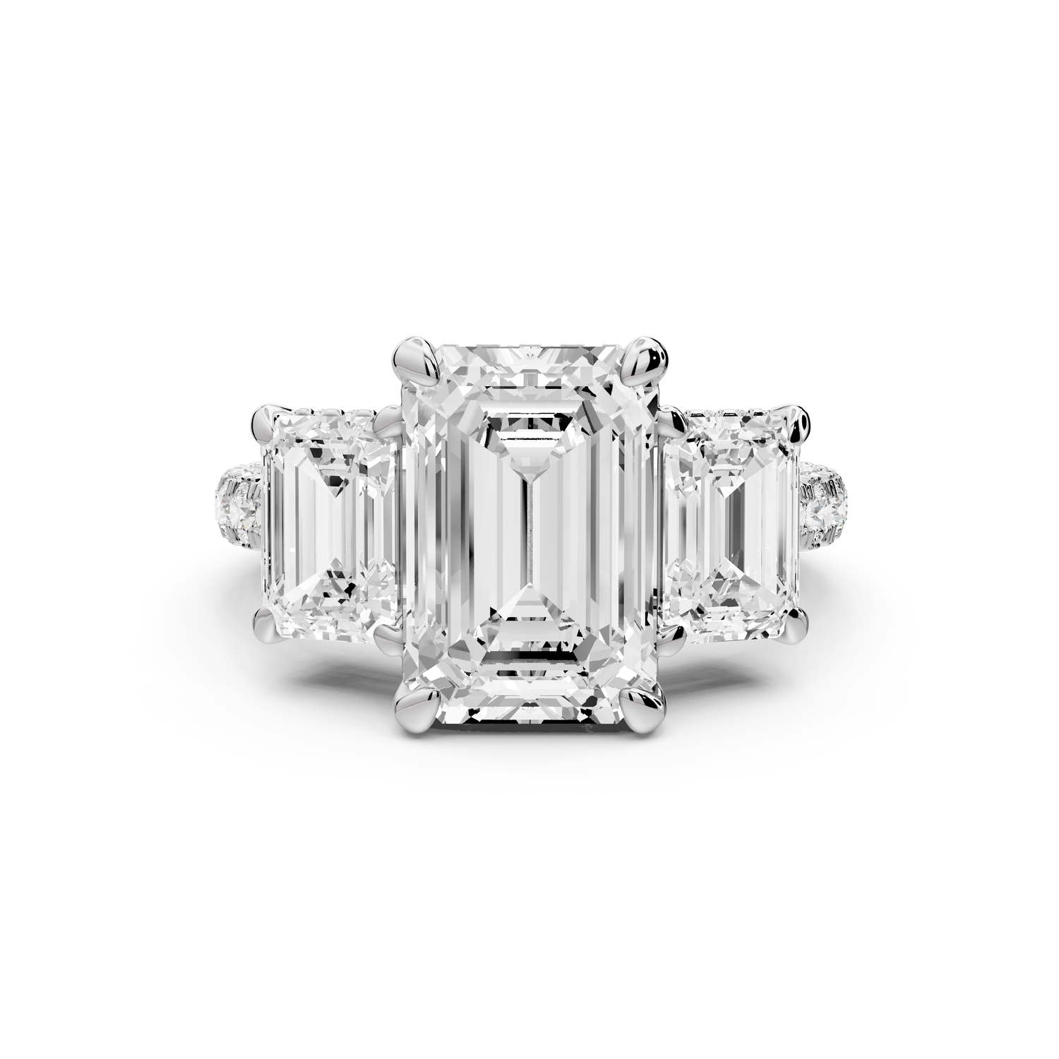 Neta - 3ct platinum Emerald Hidden Halo Three-Stone Engagement Ring with Pavé Band