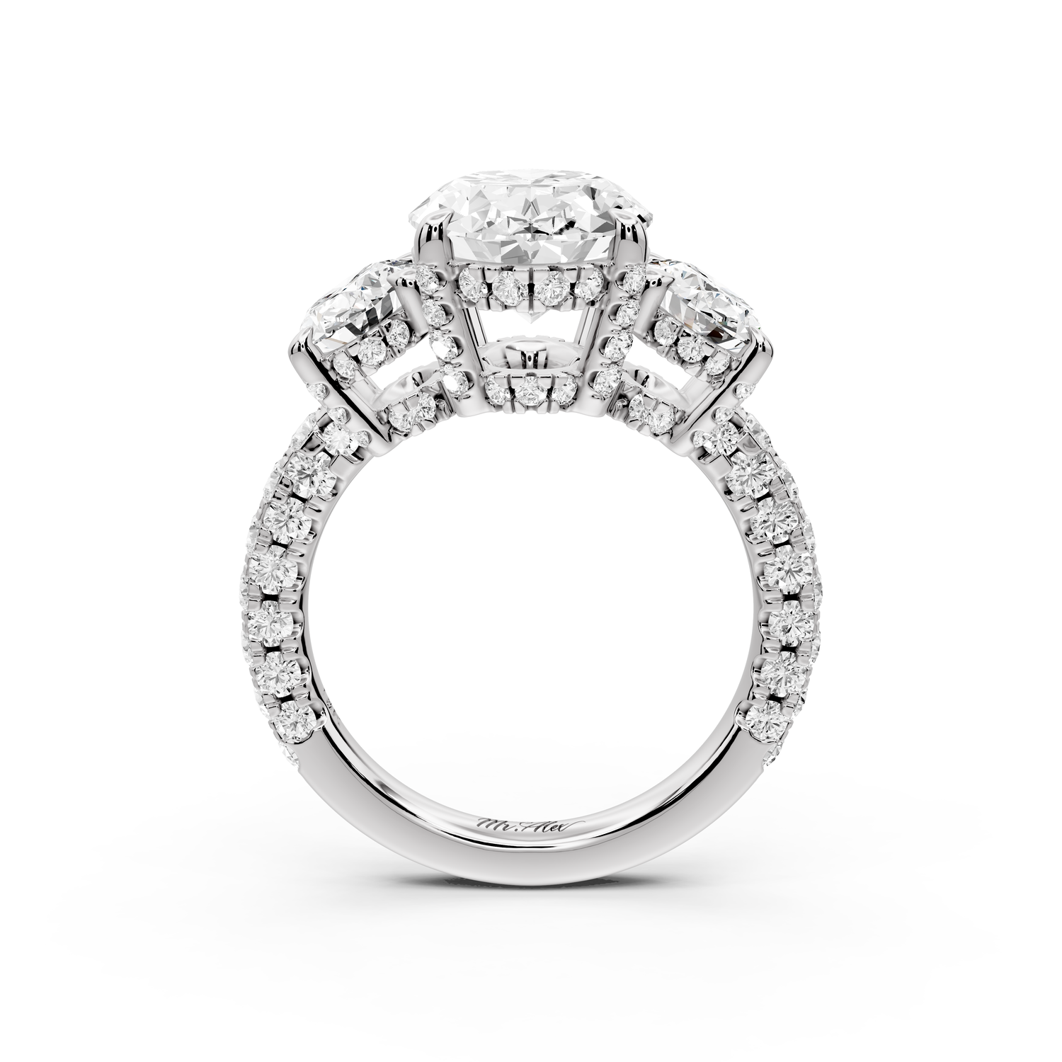 Neta - 3ct platinum Oval Hidden Halo Three-Stone Engagement Ring with Pavé Band