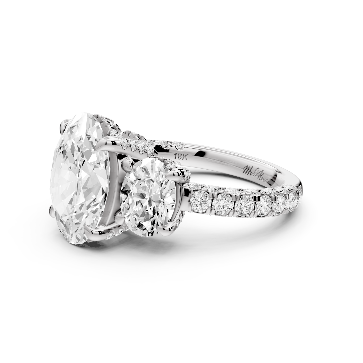 Neta - 3ct platinum Oval Hidden Halo Three-Stone Engagement Ring with Pavé Band