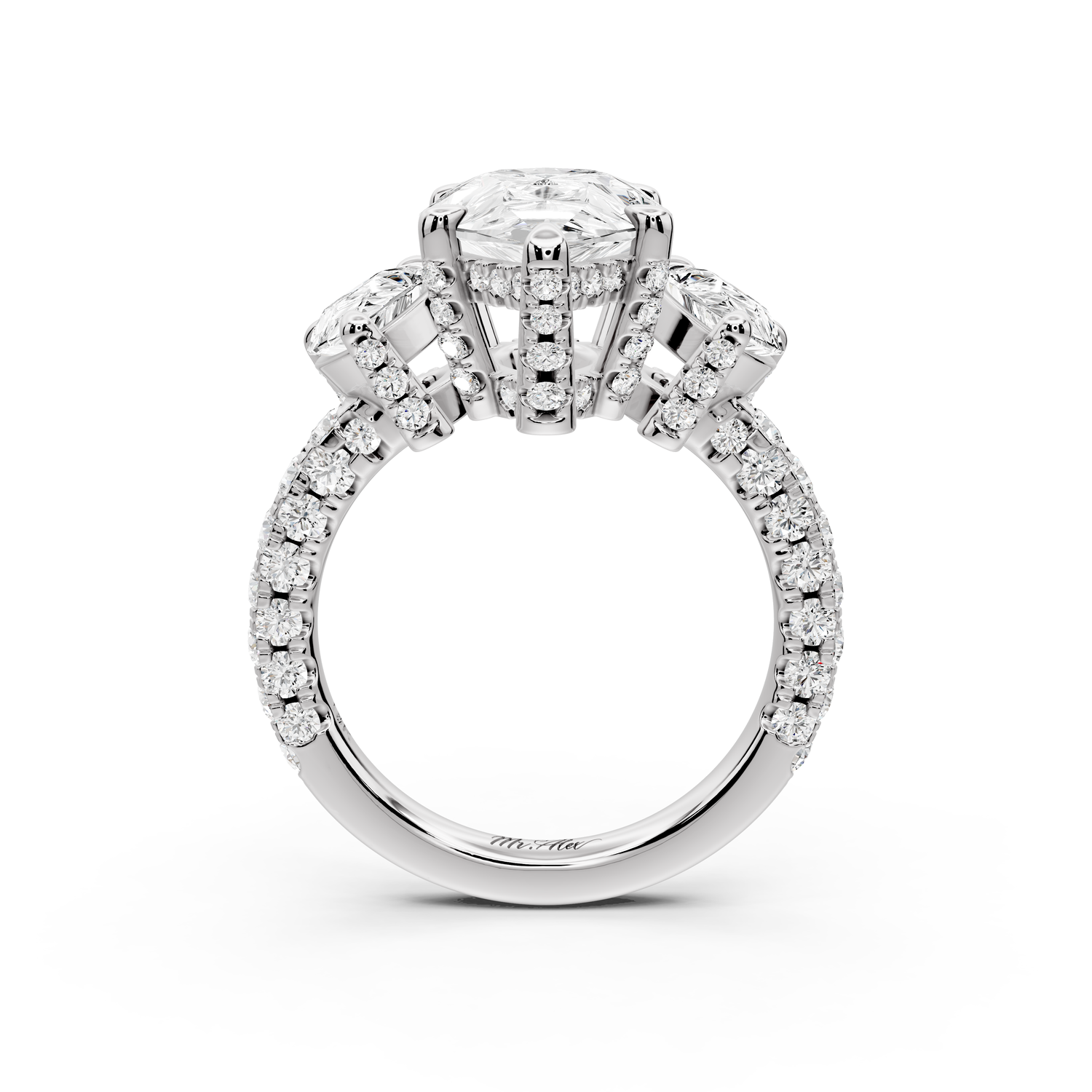 Neta - 3ct platinum Pear Hidden Halo Three-Stone Engagement Ring with Pavé Band