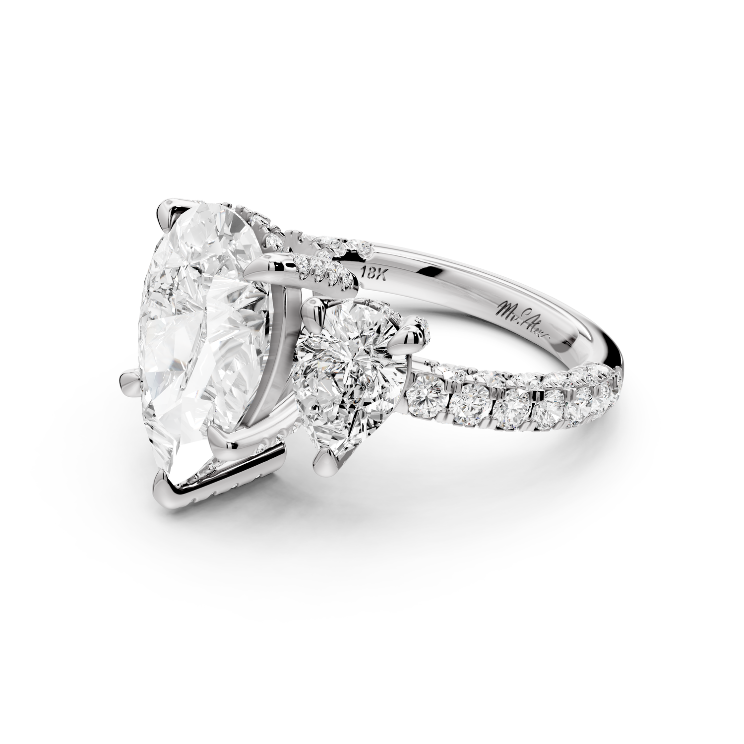 Neta - 3ct platinum Pear Hidden Halo Three-Stone Engagement Ring with Pavé Band