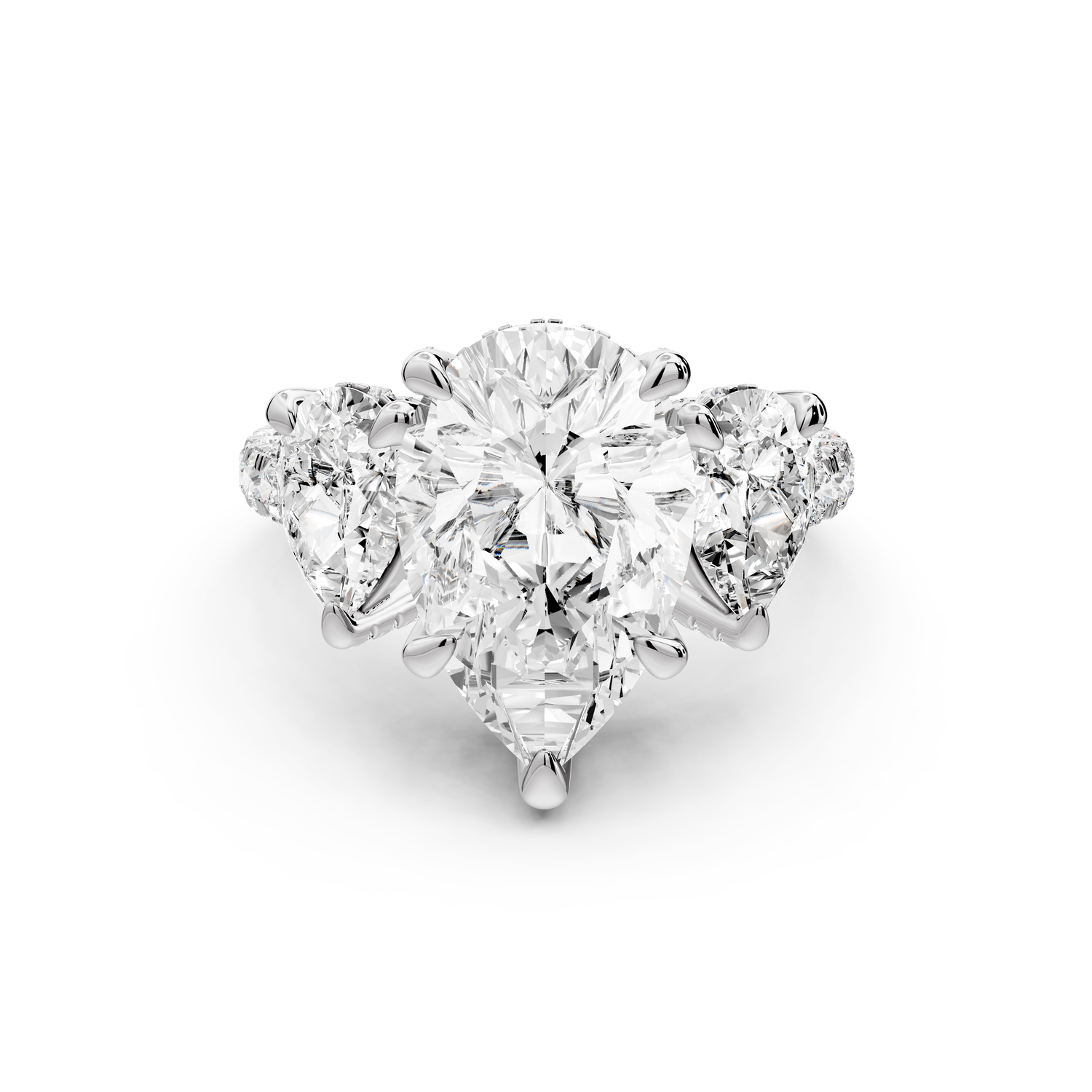 Neta - 3ct platinum Pear Hidden Halo Three-Stone Engagement Ring with Pavé Band