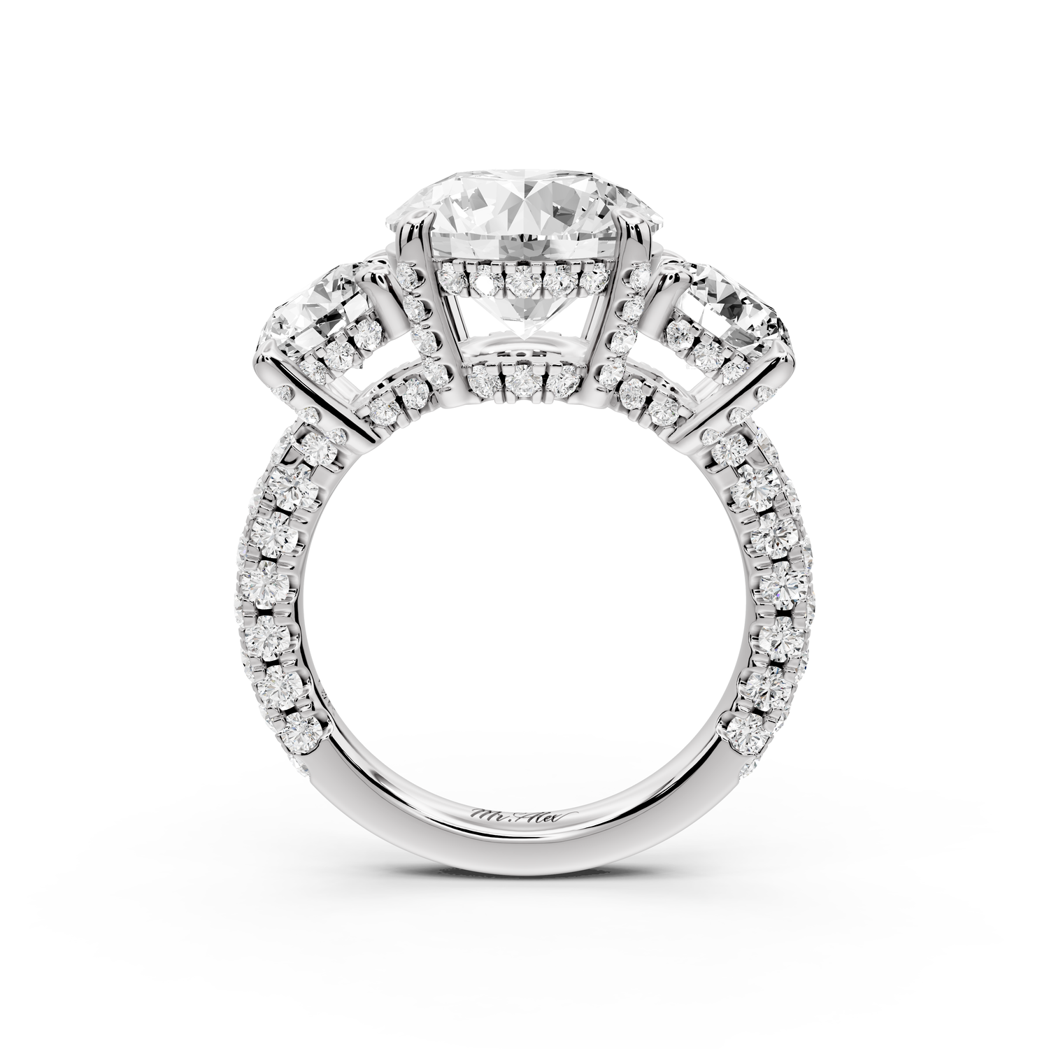Neta - 3ct platinum Round Hidden Halo Three-Stone Engagement Ring with Pavé Band